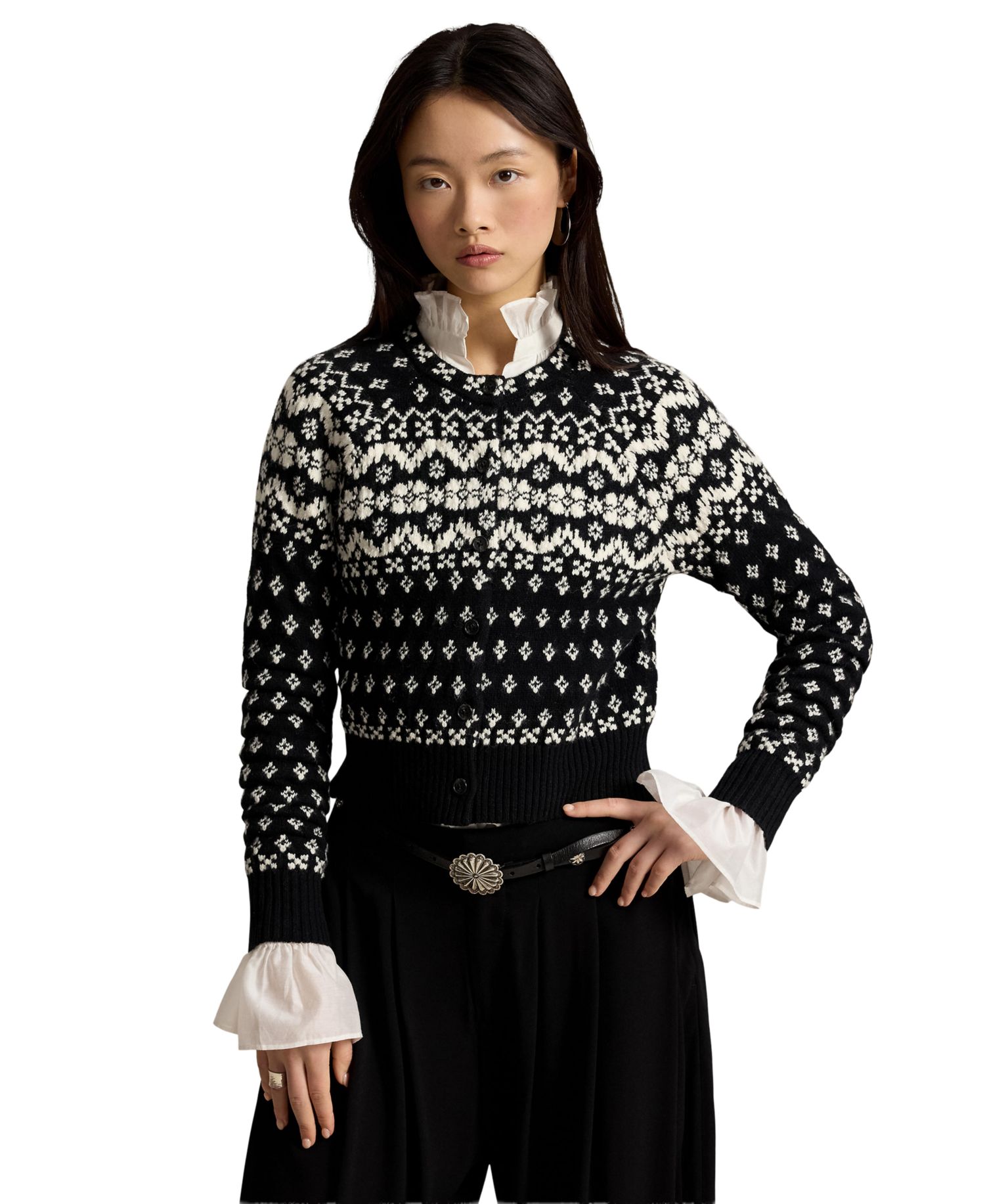 Women's Fair Isle Crewneck Cropped Wool-Cotton Blend Cardigan