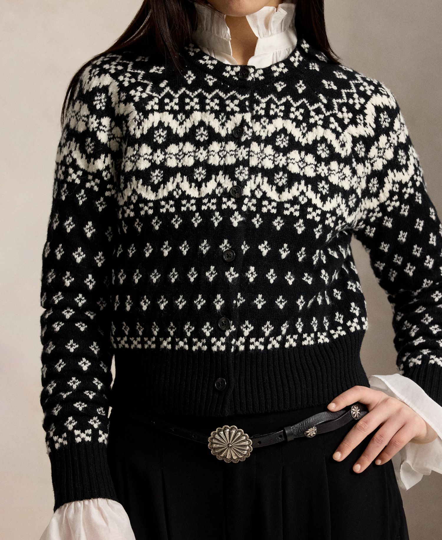 Women's Fair Isle Crewneck Cropped Wool-Cotton Blend Cardigan