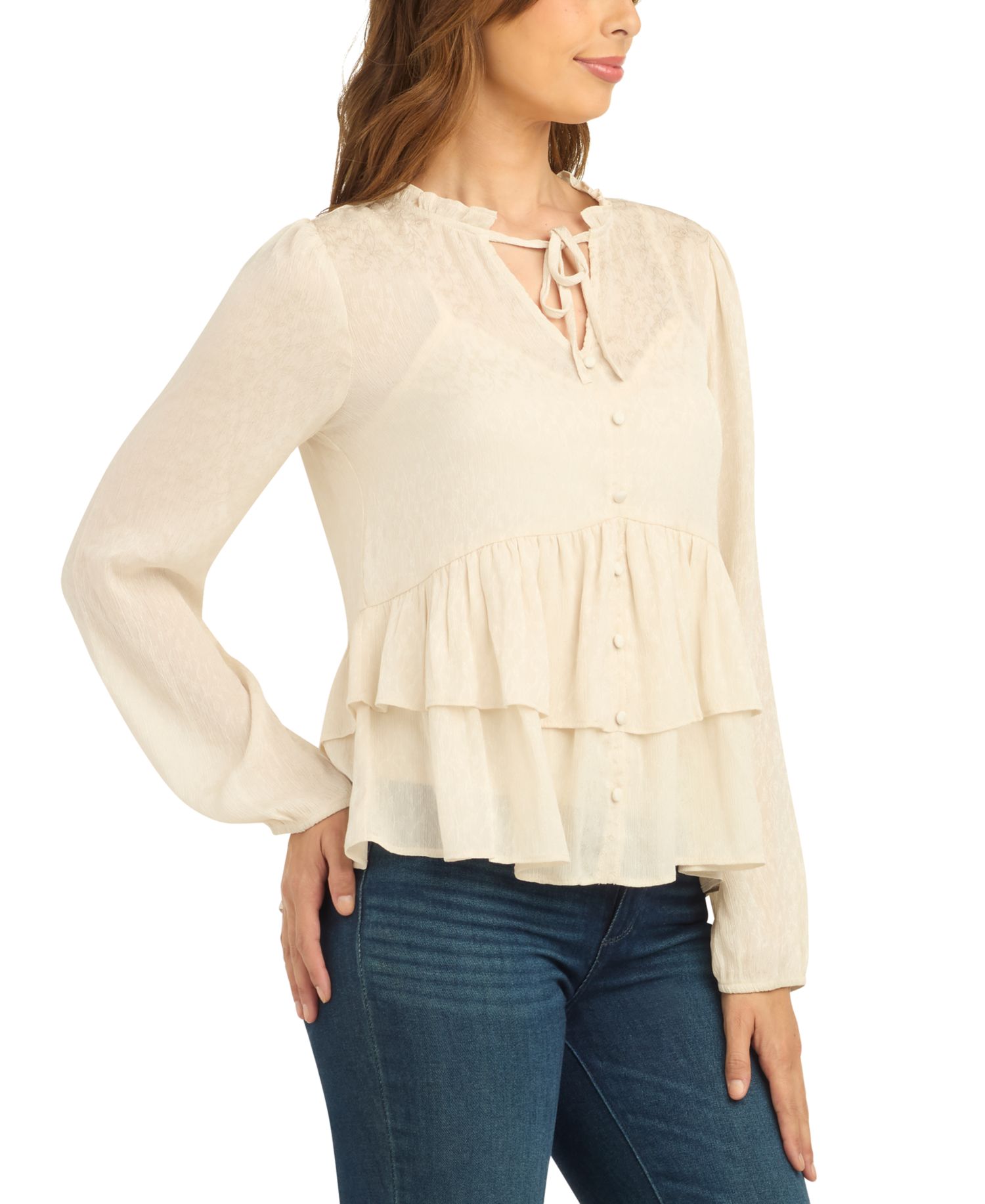 Juniors' Long-Sleeve Button-Front Peplum Chiffon Jacquard Blouse