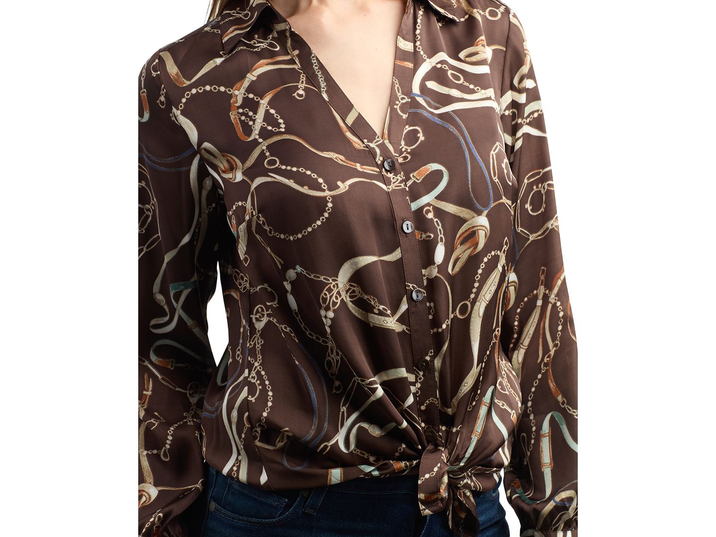 Женская блузка BCX Juniors' Tie-Front Long-Sleeve Stretch Satin Blouse, цвет: Pat E — фото 3