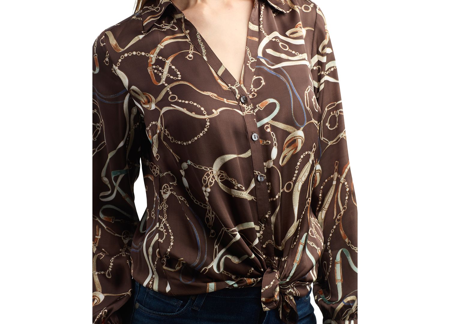Juniors' Tie-Front Long-Sleeve Stretch Satin Blouse