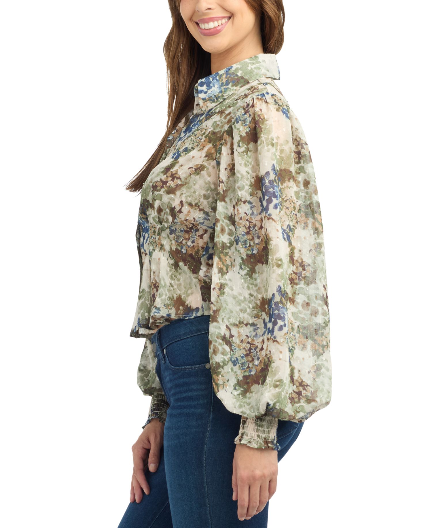 Juniors' Floral-Print Sheer Long-Sleeve Blouse