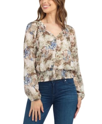 Juniors' Print Sheer Long-Sleeve Blouse