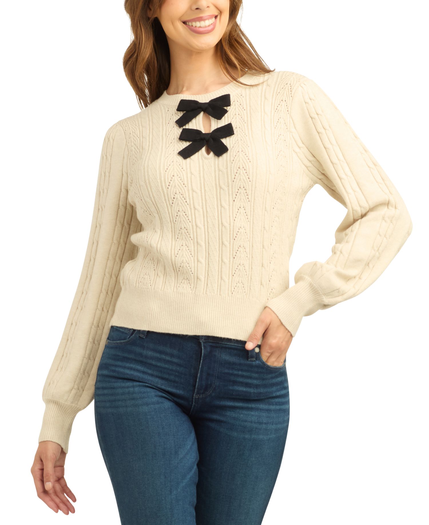 Juniors' Cable-Knit Balloon-Sleeve Pullover Sweater