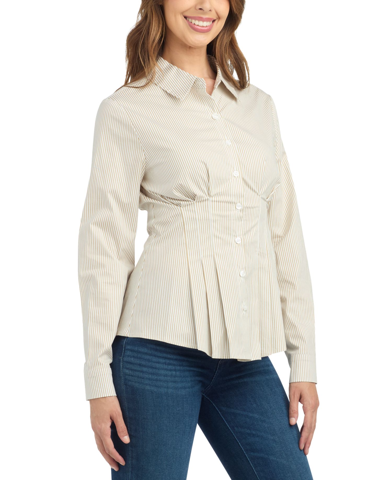 Juniors' Long-Sleeve Striped Point-Collar Blouse