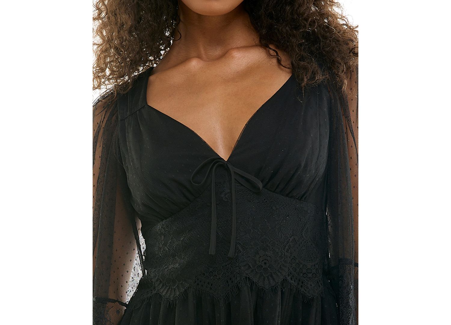 Juniors' Pin Dot Mesh Lace Babydoll Mini Dress
