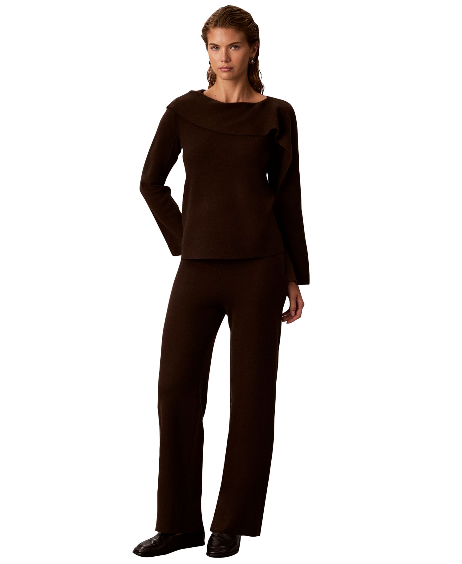 Petite Asymmetrical Drape Boat Neck Long-Sleeve Sweater