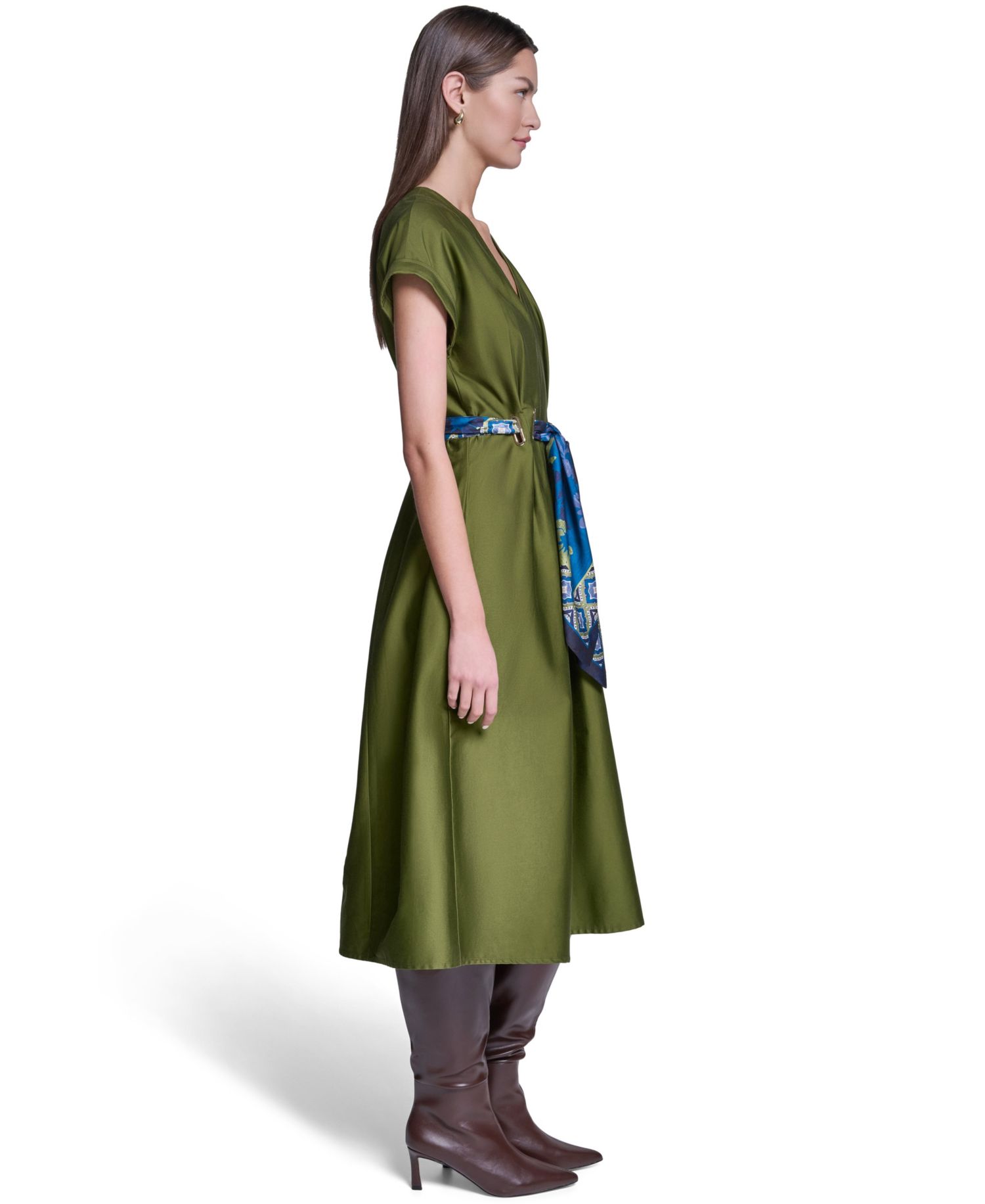 Women's Scarf-Belt V-Neck A-Line Midi Shirt Dress