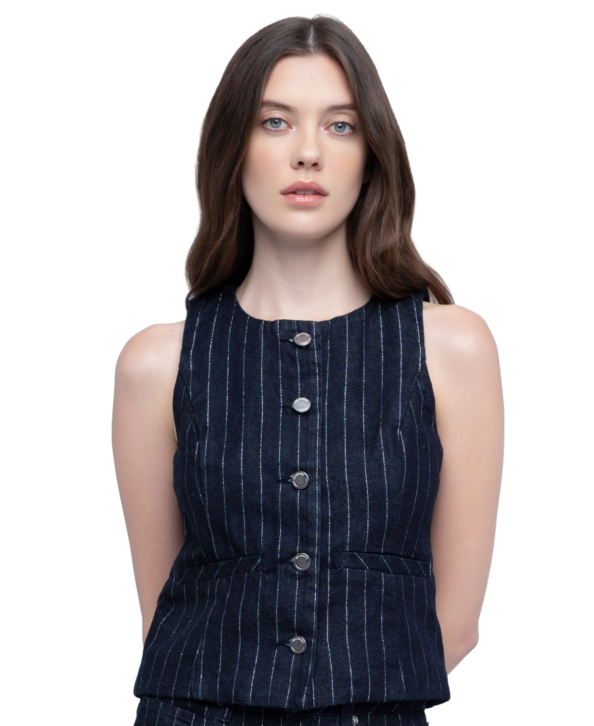 Blank Nyc Women's Pinstripe Crewneck Denim Vest - Steal The