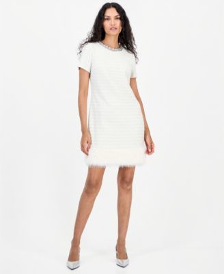 Women's Scoop-Neck Beaded Faux-Fur Hem Dress