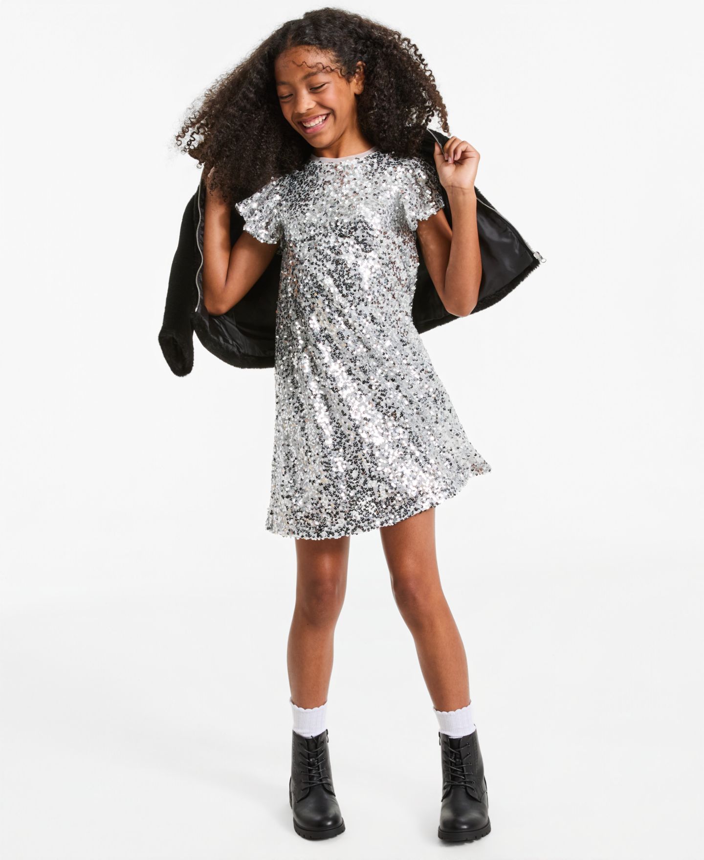 Платье Epic Threads Sequin Flutter-Sleeve A-Line Dress для девочек, цвет: Серебряный — фото 6