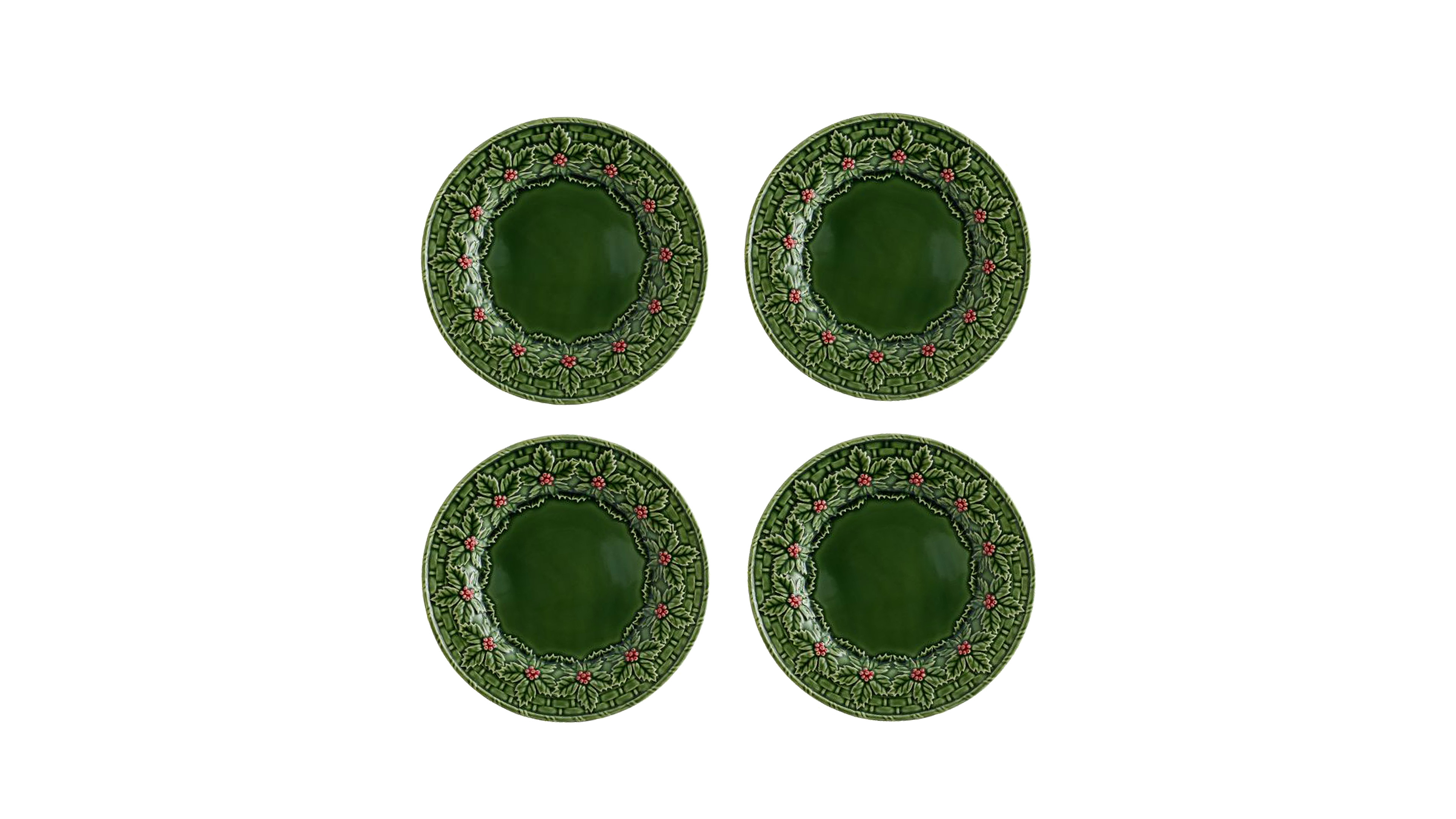 Bordallo Pinheiro Holly Earthenware Dinner Plates, Set of 4