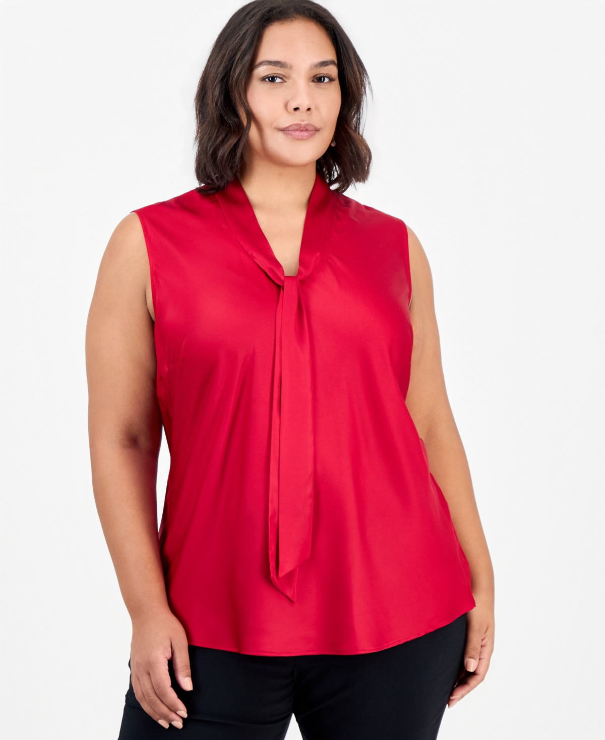 Kasper Plus Sleeveless Tie-Front Satin Blouse