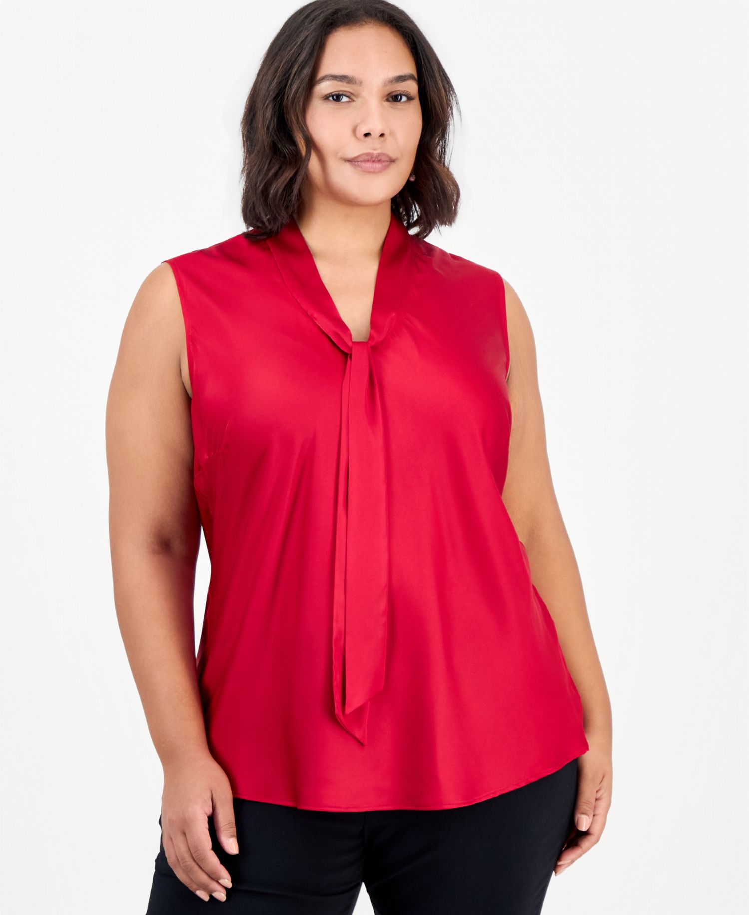 Plus Size Sleeveless Tie-Front Satin Blouse