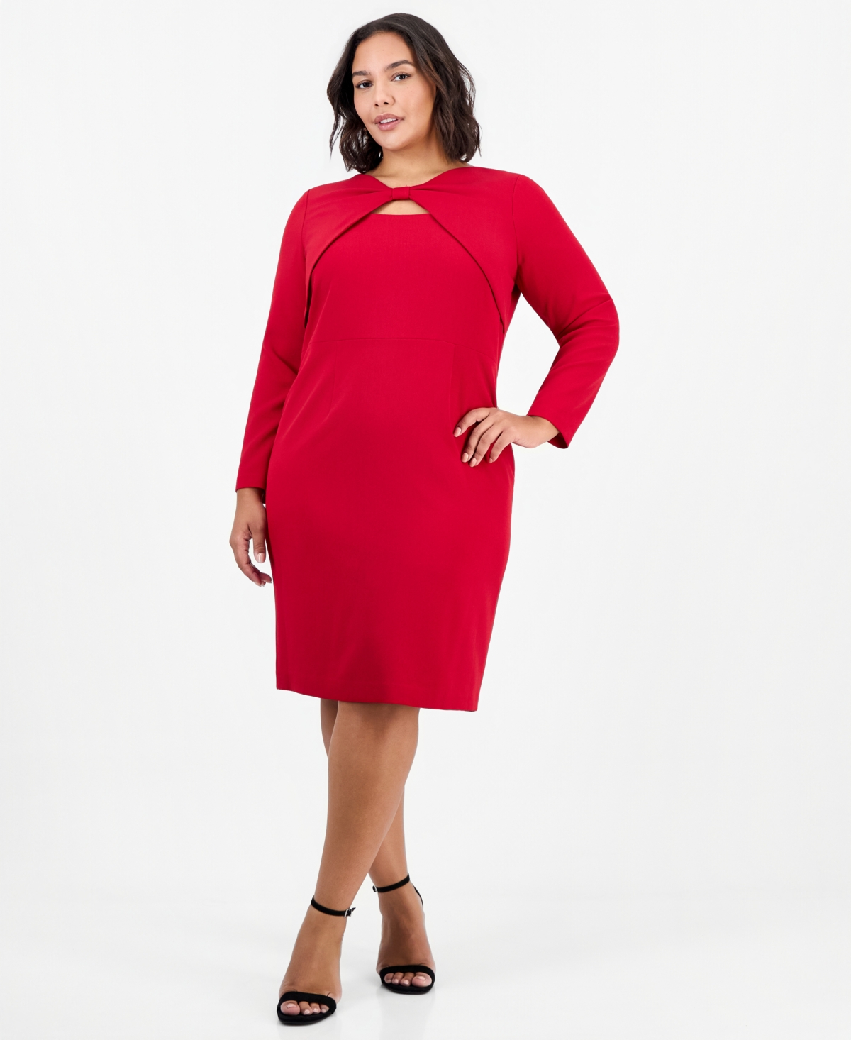 Kasper Plus Twist-Front 3/4-Sleeve Keyhole Dress