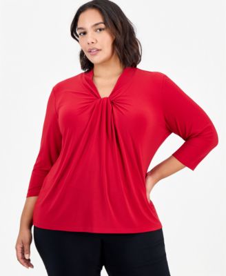 Plus Size Knot-Front 3/4-Sleeve Blouse