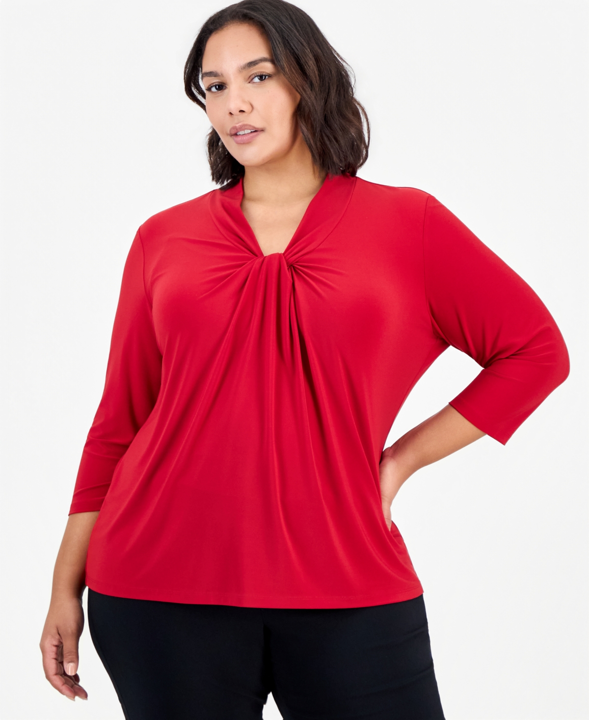 Kasper Plus Size Knot-Front 3/4-Sleeve Blouse - Fire Red
