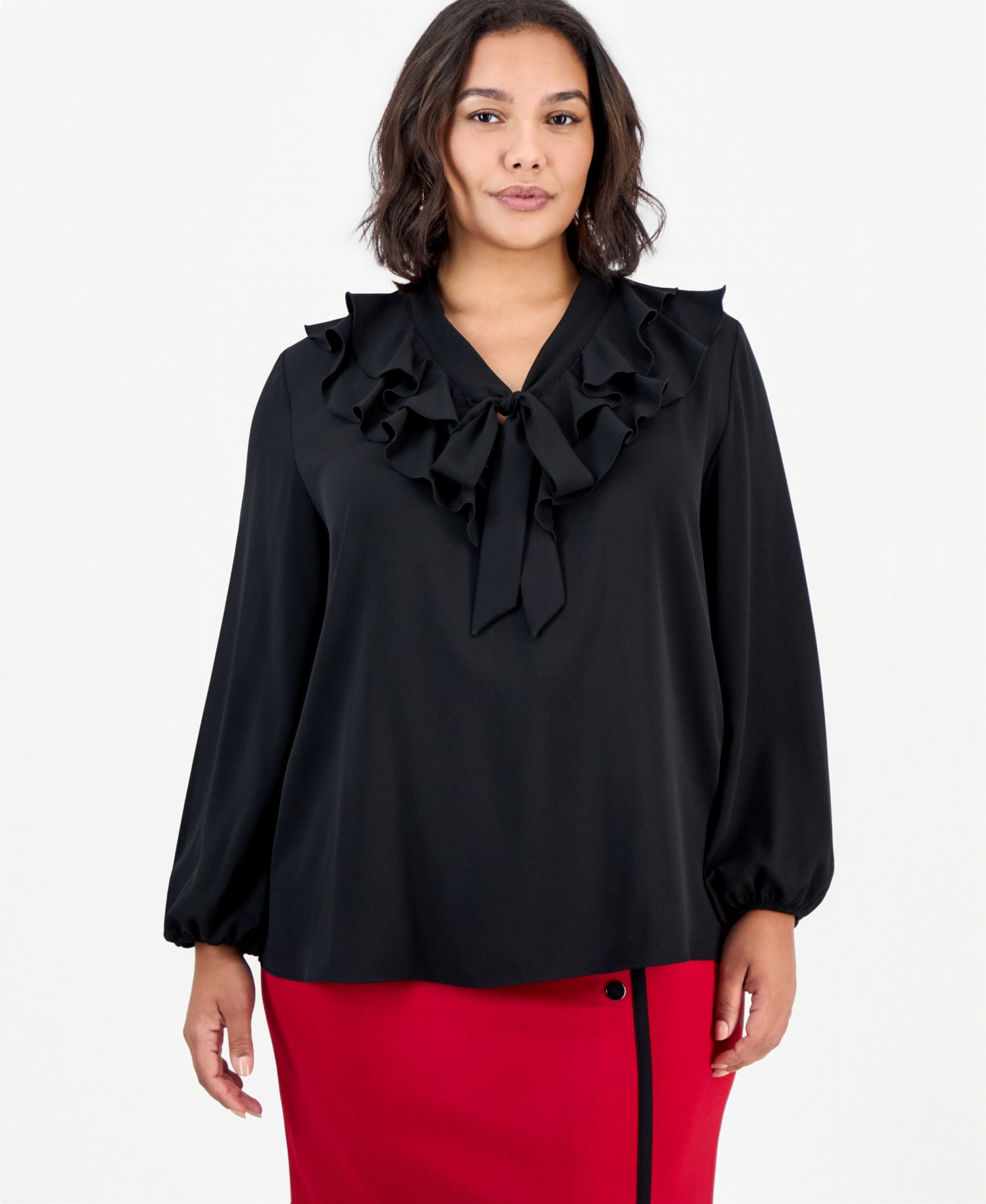 Plus Size Long-Sleeve Ruffle Front Blouse with Bow