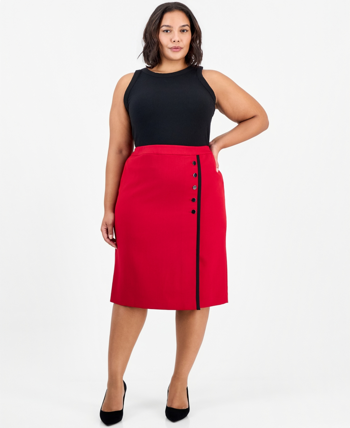 Kasper Plus Size Cb Zip Faux-Wrap Pencil Skirt - Fire Red / Black