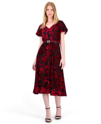 Women's Puff Sleeve Floral V-Neck Midi Dress