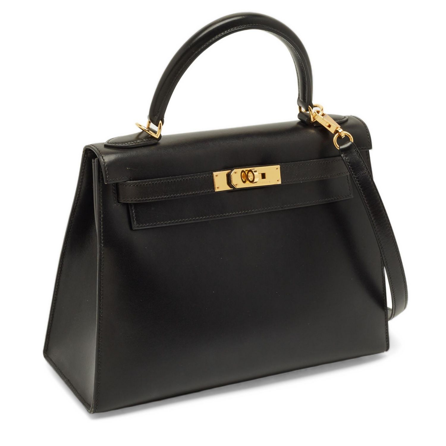 Pre-Owned HERMES Kelly Sellier Finish Noir Box Leather Top Handle Bag