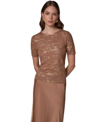 Women's DK913 Metallic Crewneck Short-Sleeve Sweater