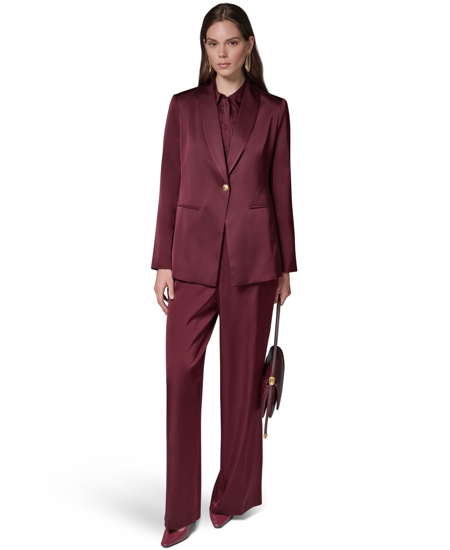 Petite Satin Shawl Lapel Shoulder-Padded Blazer