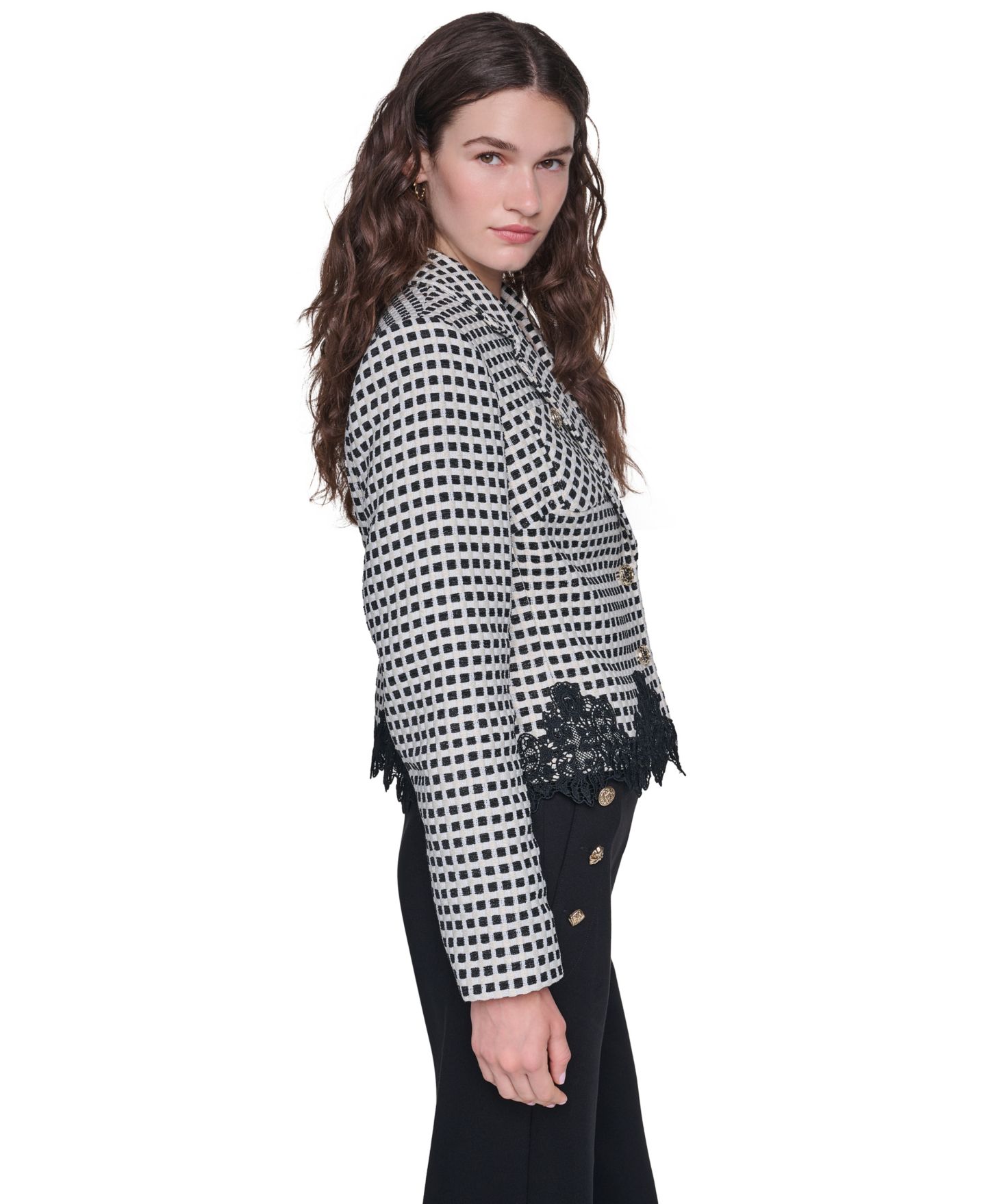 Женский пиджак KARL LAGERFELD PARIS Plaid Lace-Trim Blazer, цвет: Чёрный / Берёзовый разноцветный — фото 3