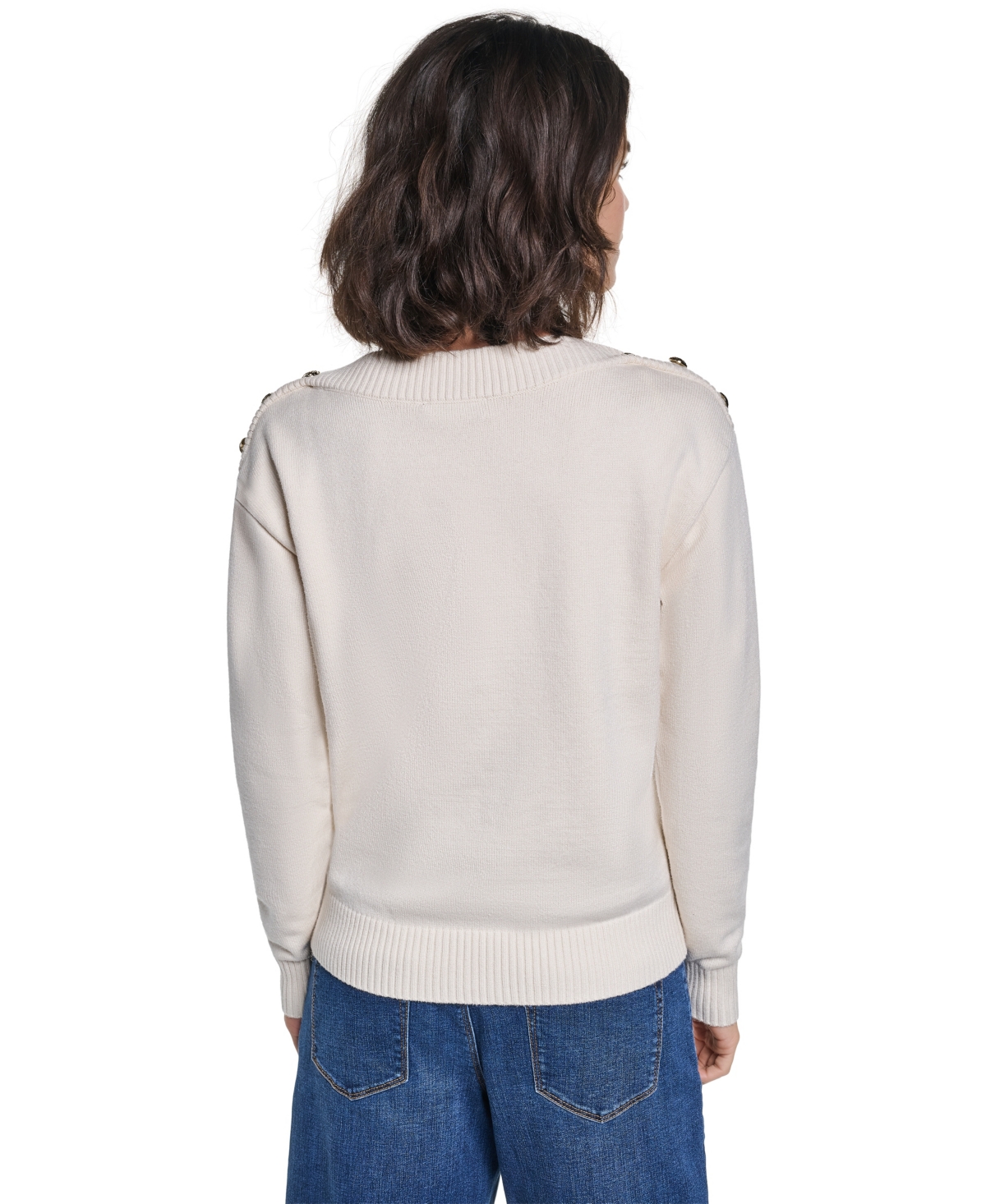 Karl Lagerfeld Paris Women's Button Shoulder Boat Neck Long-Sleeve Sweater