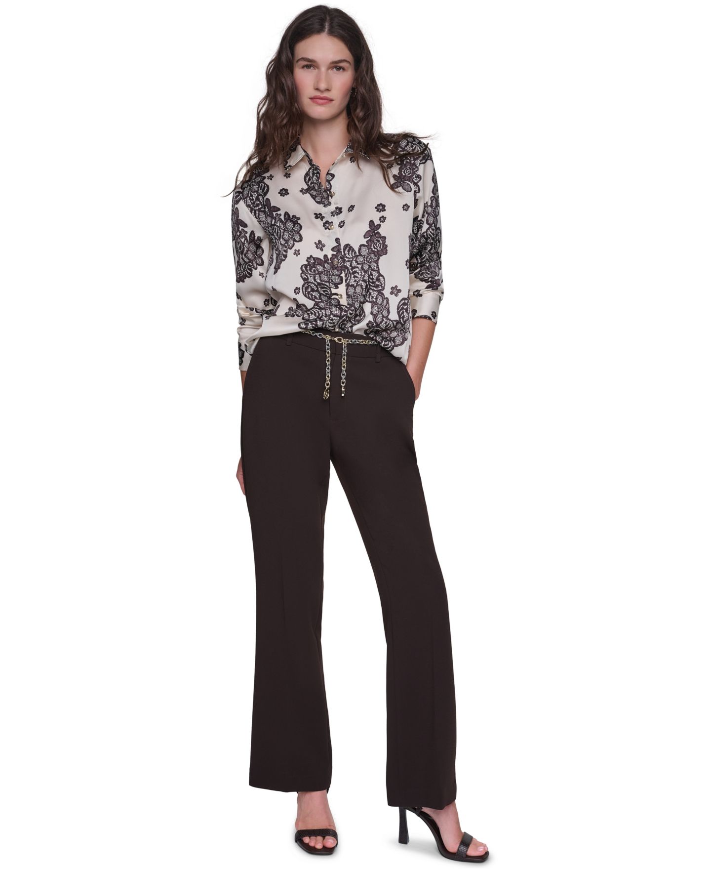 Женская блузка KARL LAGERFELD PARIS Long-Sleeve Printed Collared Blouse, цвет: Берёзовый / Шоколадный — фото 2
