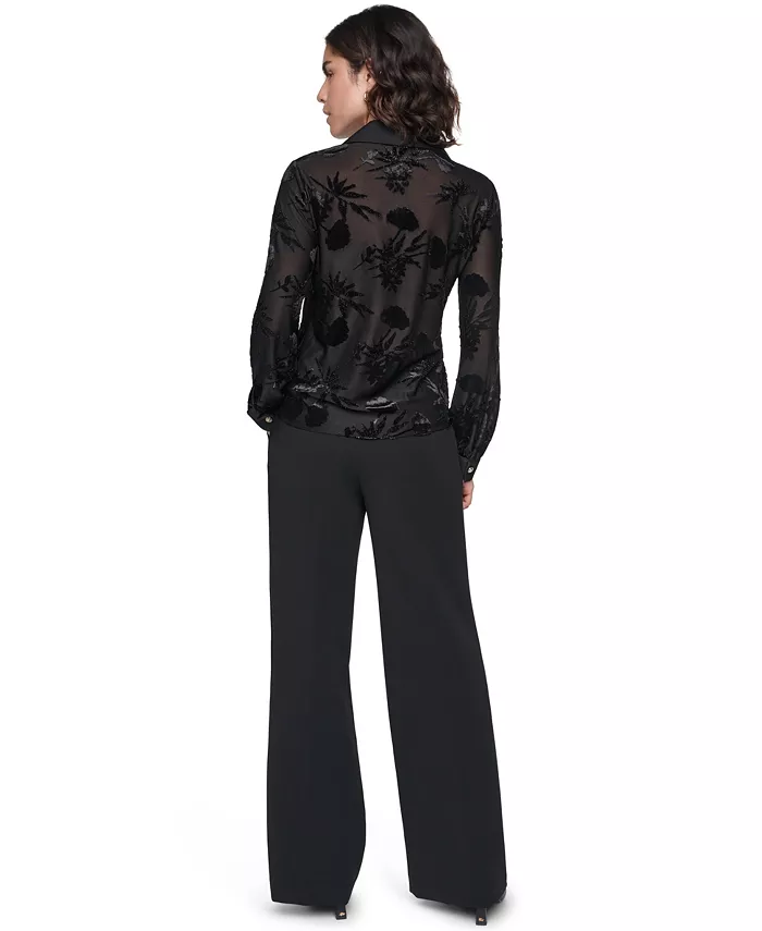 Women's Long-Sleeve Collared Burnout-Floral Blouse - thumbnail 5