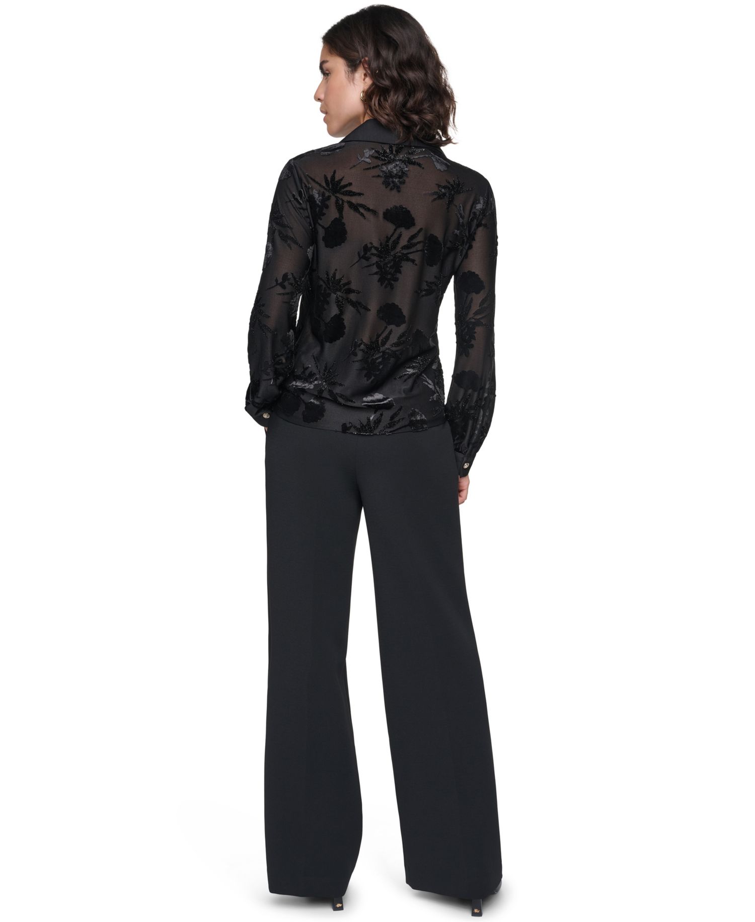 Women's Long-Sleeve Collared Burnout-Floral Blouse