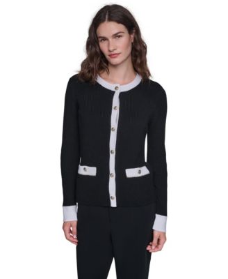 Women's Colorblock Fitted Crewneck Cotton-Blend Cardigan Sweater