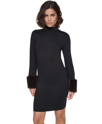 Women's Faux-Fur Cuff Mock Neck Long-Sleeve Sweater Dress