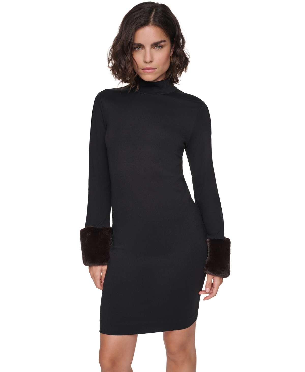 Karl Lagerfeld Paris Women's Faux-Fur Cuff Mock Neck Long-Sleeve Sweater Dress