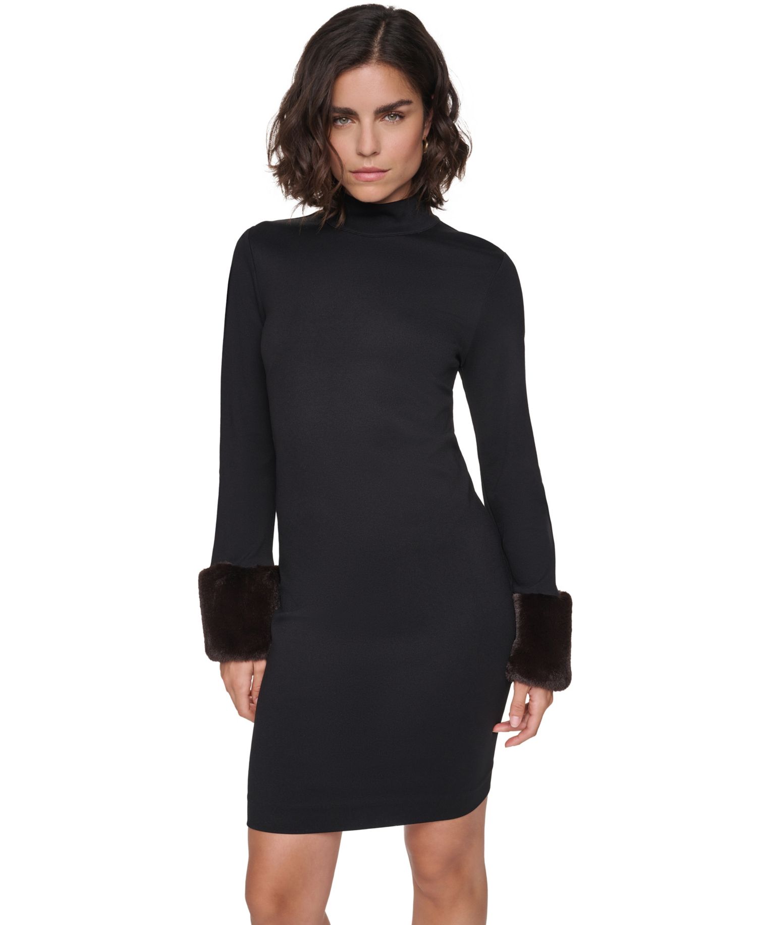 Women's Faux-Fur Cuff Mock Neck Long-Sleeve Sweater Dress