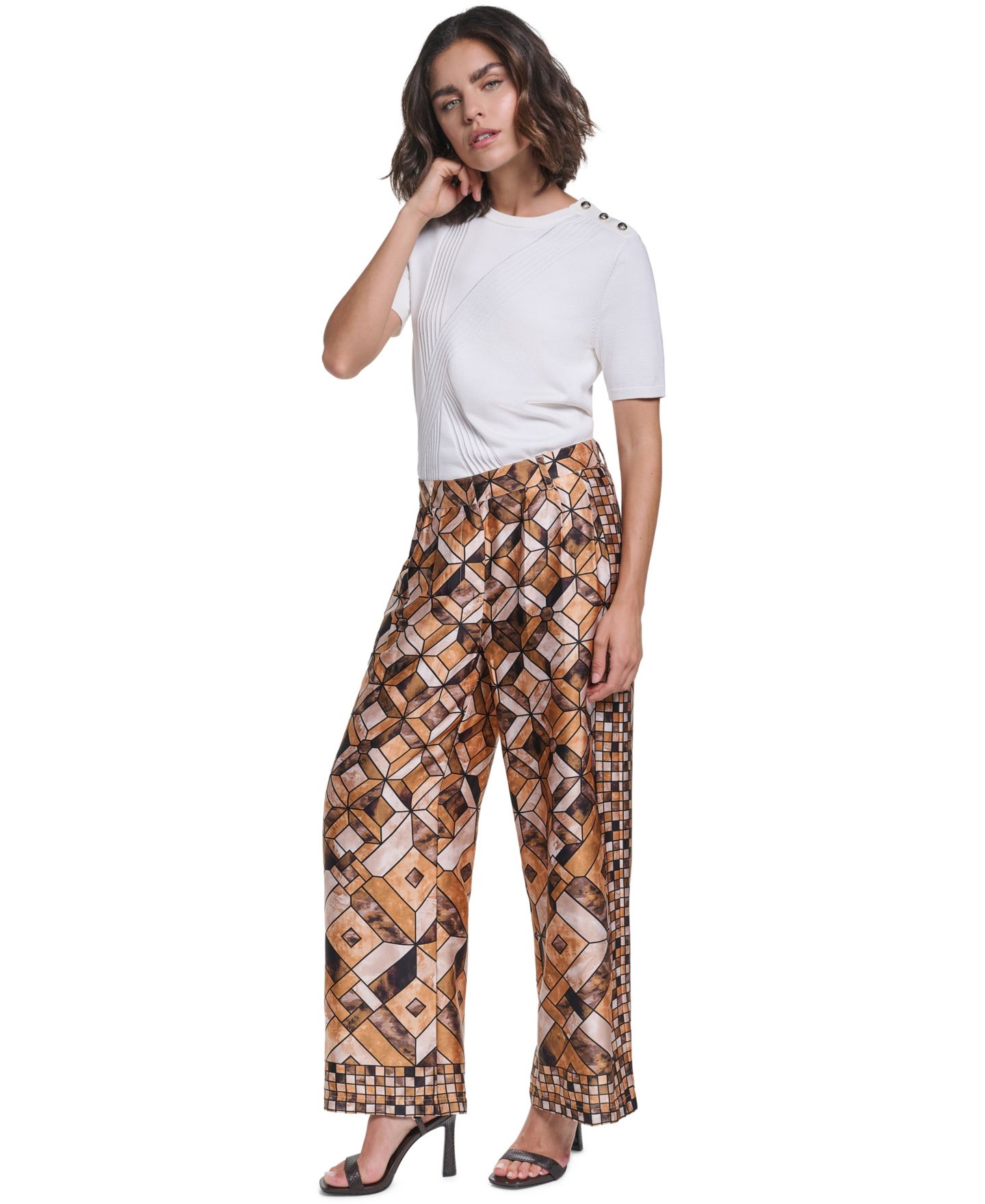 Женские брюки KARL LAGERFELD PARIS Geometric-Print Pleated Wide-Leg, цвет: Сепия комбинированный — фото 3
