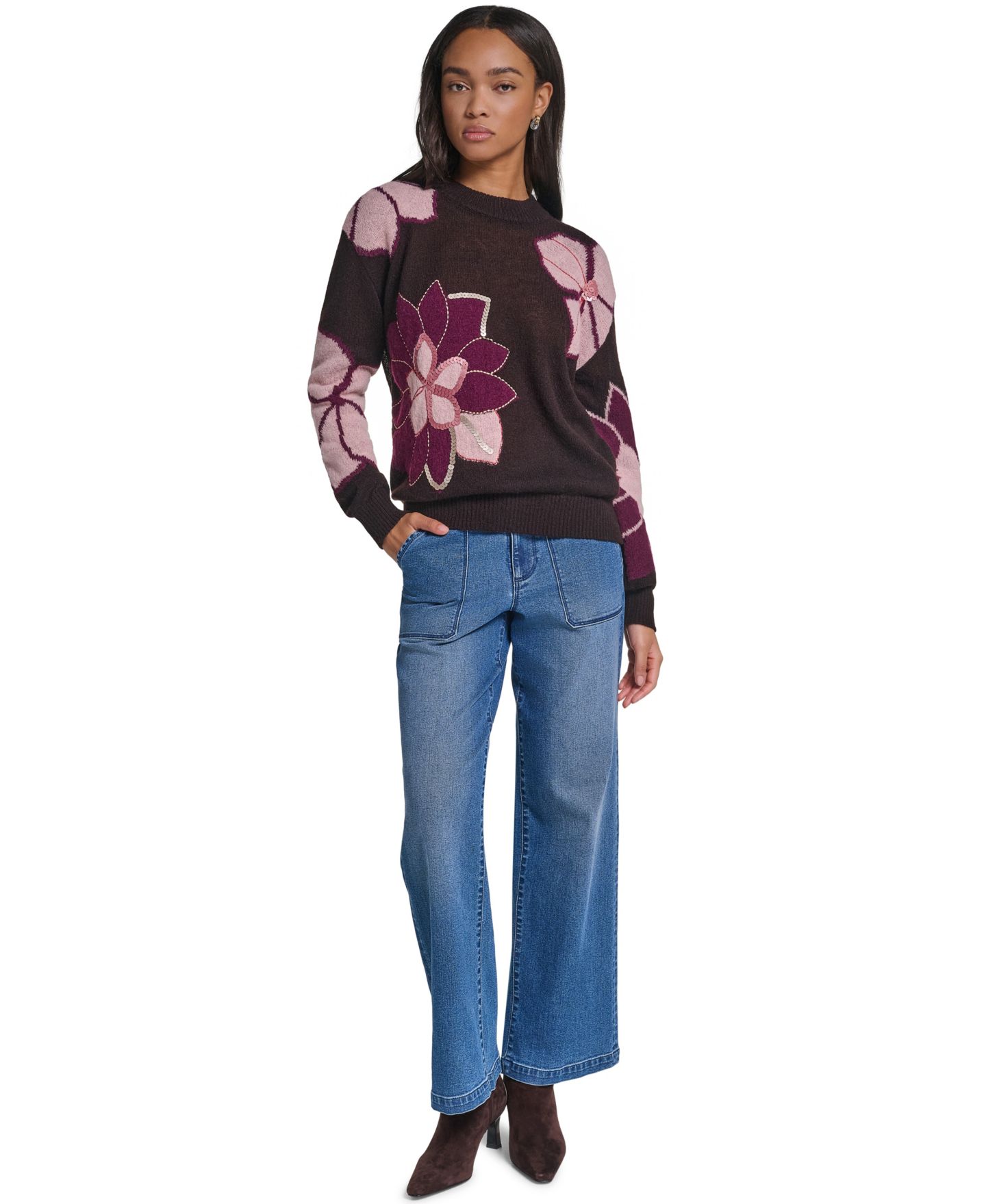 Женский свитер KARL LAGERFELD PARIS Big Flowers Floral-Print Sequin Embellished, цвет: Шоколадный — фото 2
