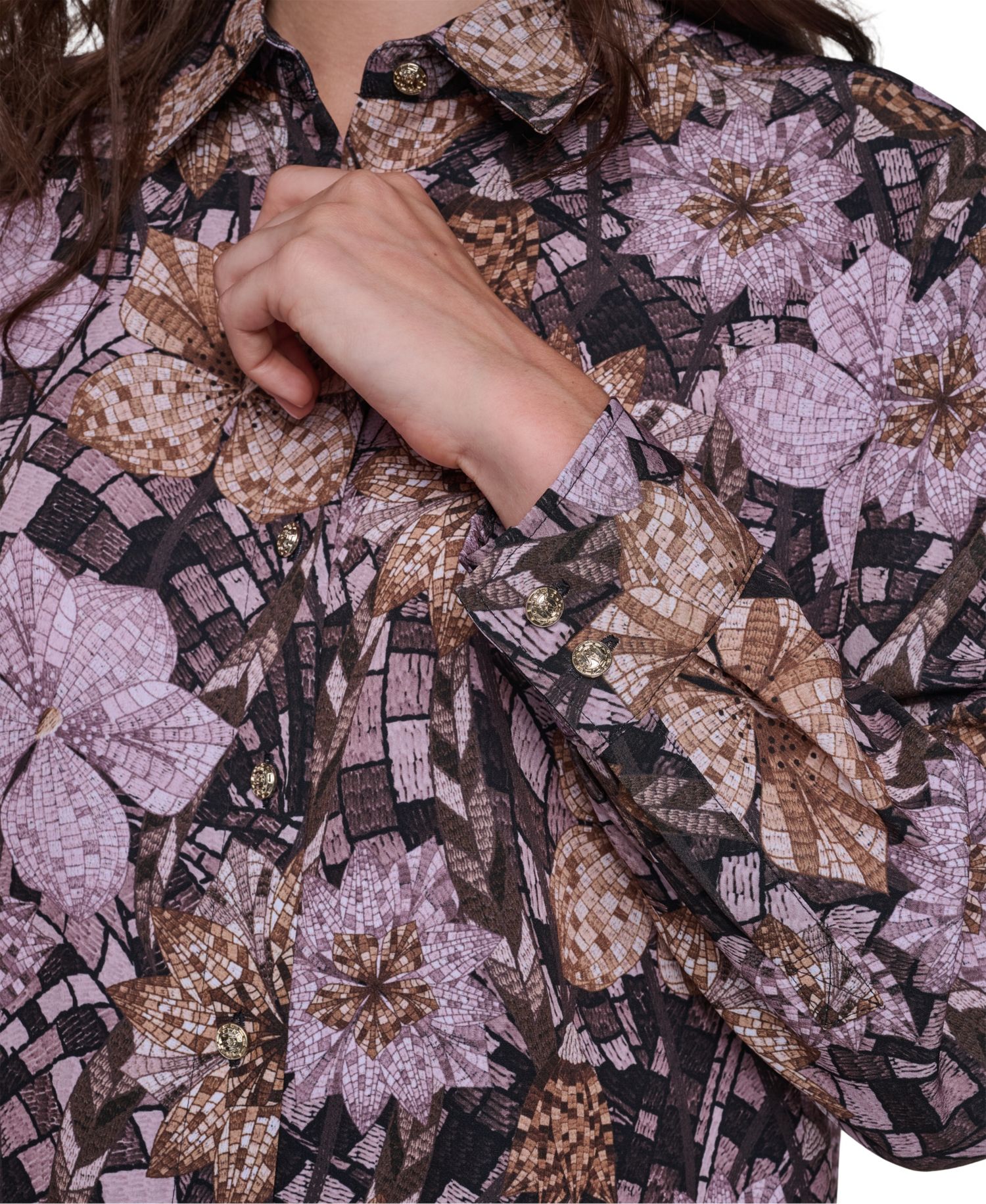 Women's Floral-Print Long-Sleeve Point-Collar Blouse