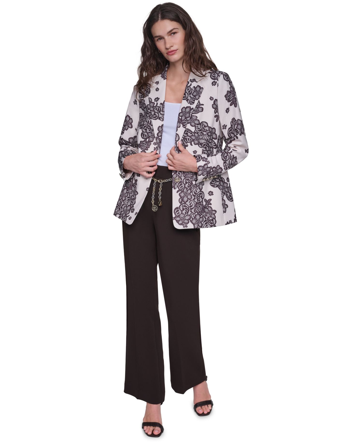 Women's Floral-Print Lace Wide-Leg Blazer and Pants, 2-Piece Set