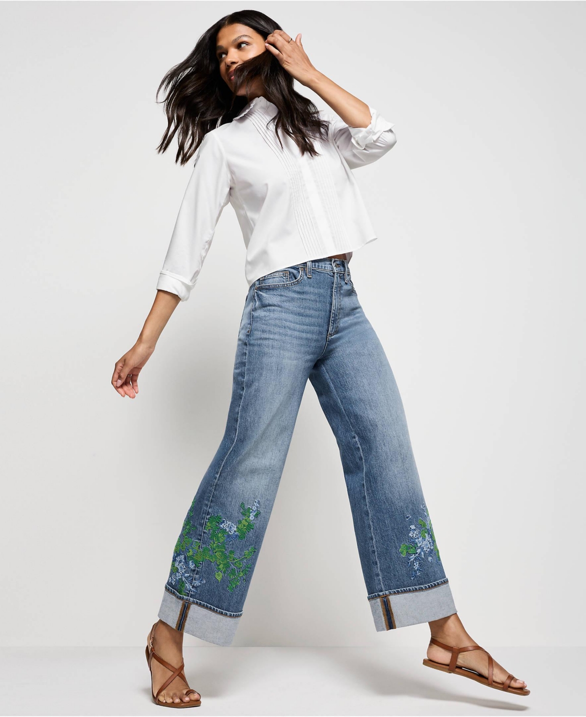 Lands' End Women's Recover High-Rise Wide-Leg Embroidered Jeans