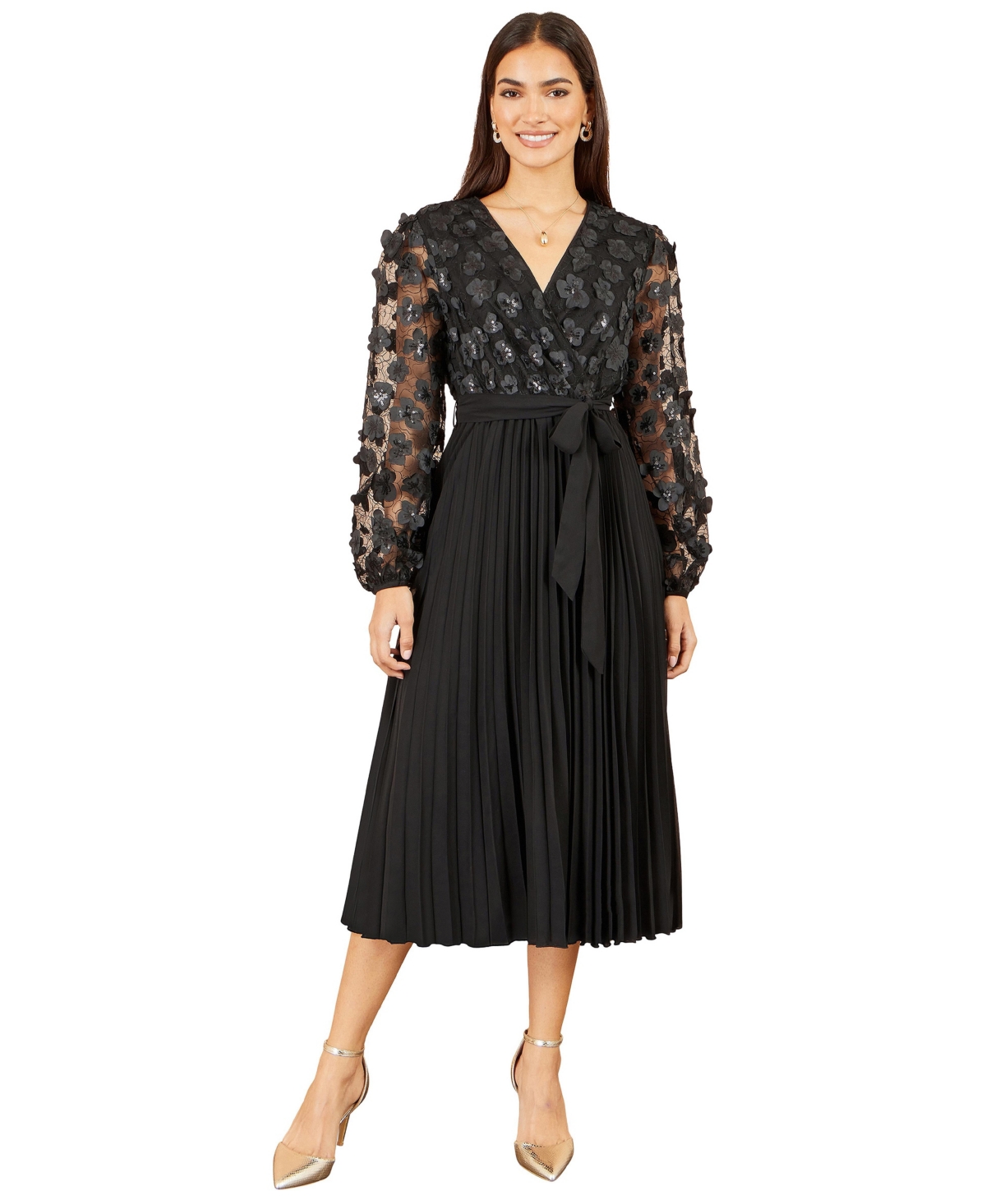 Yumi Women's Wedding Guest A-Line Long-Sleeve Midi Dress - Black