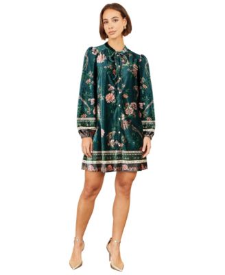 Women's Velvet Floral-Print Long-Sleeve Tunic Dress