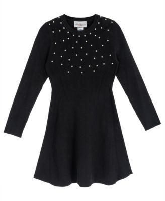 Girls' 7-16 Sweater Knit Imitation Pearl Long-Sleeve Fit-and-Flare Sweater Dress