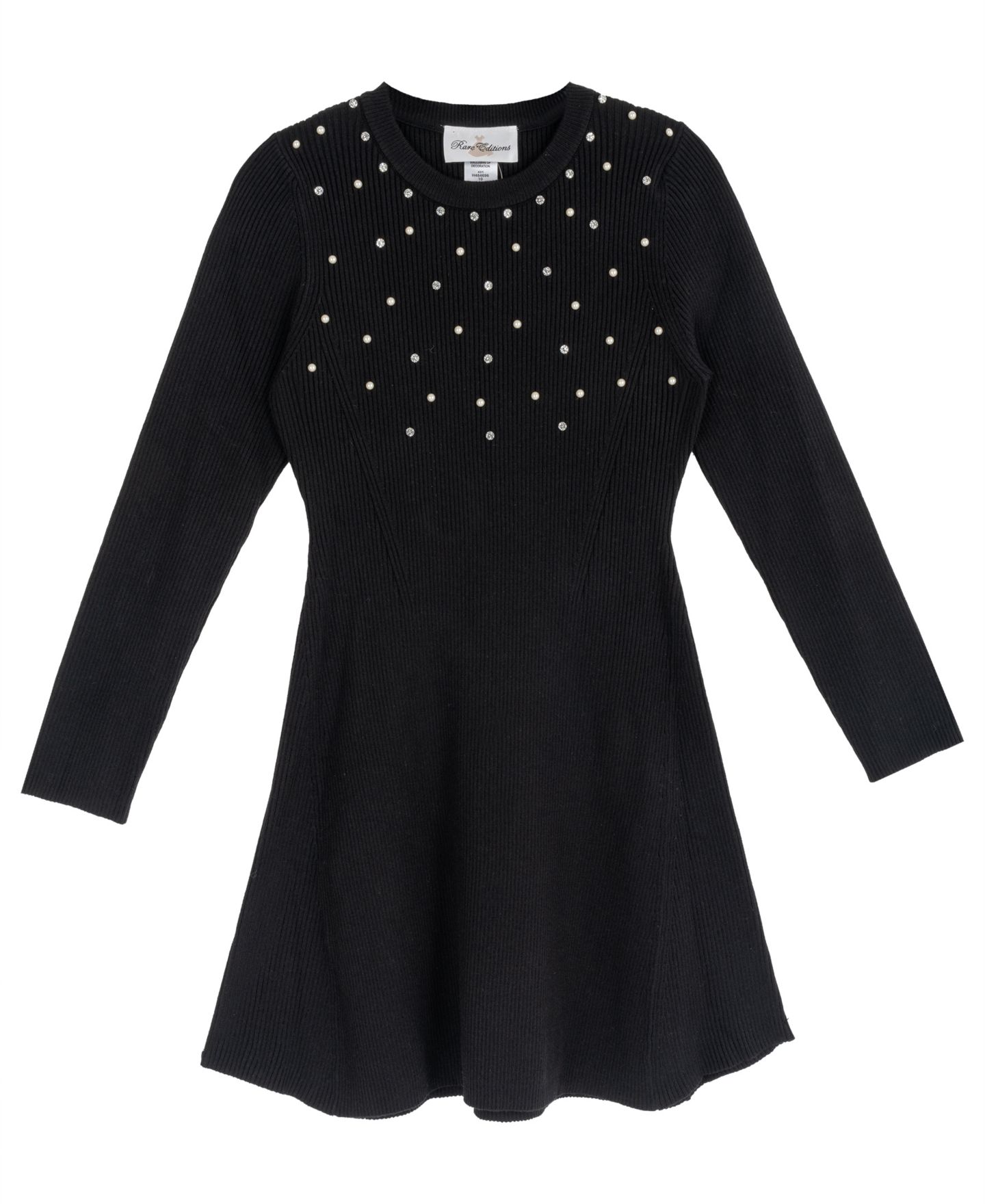 Платье Rare Editions Sweater Knit Imitation Pearl Long-Sleeve Fit-and-Flare Sweater Dress для девочек, цвет: Чёрный — фото 1