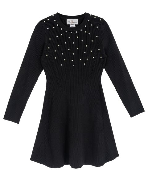 Платье Rare Editions Sweater Knit Imitation Pearl Long-Sleeve Fit-and-Flare Sweater Dress для девочек, цвет: Чёрный
