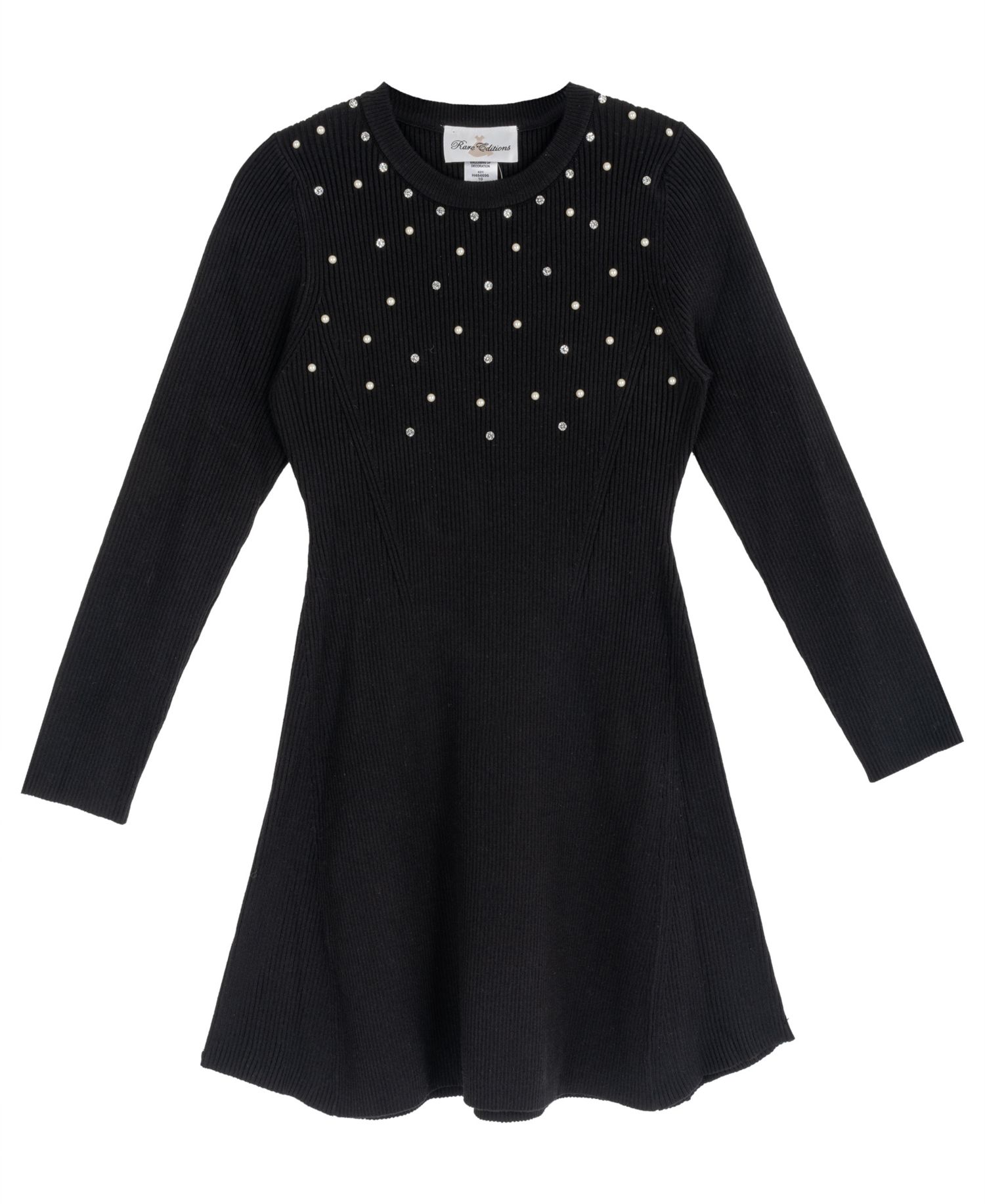 Girls' 7-16 Sweater Knit Imitation Pearl Long-Sleeve Fit-and-Flare Sweater Dress
