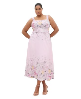 Plus Size Chelsea Floral-Print Scallop-Trim Square Neck Maxi Dress