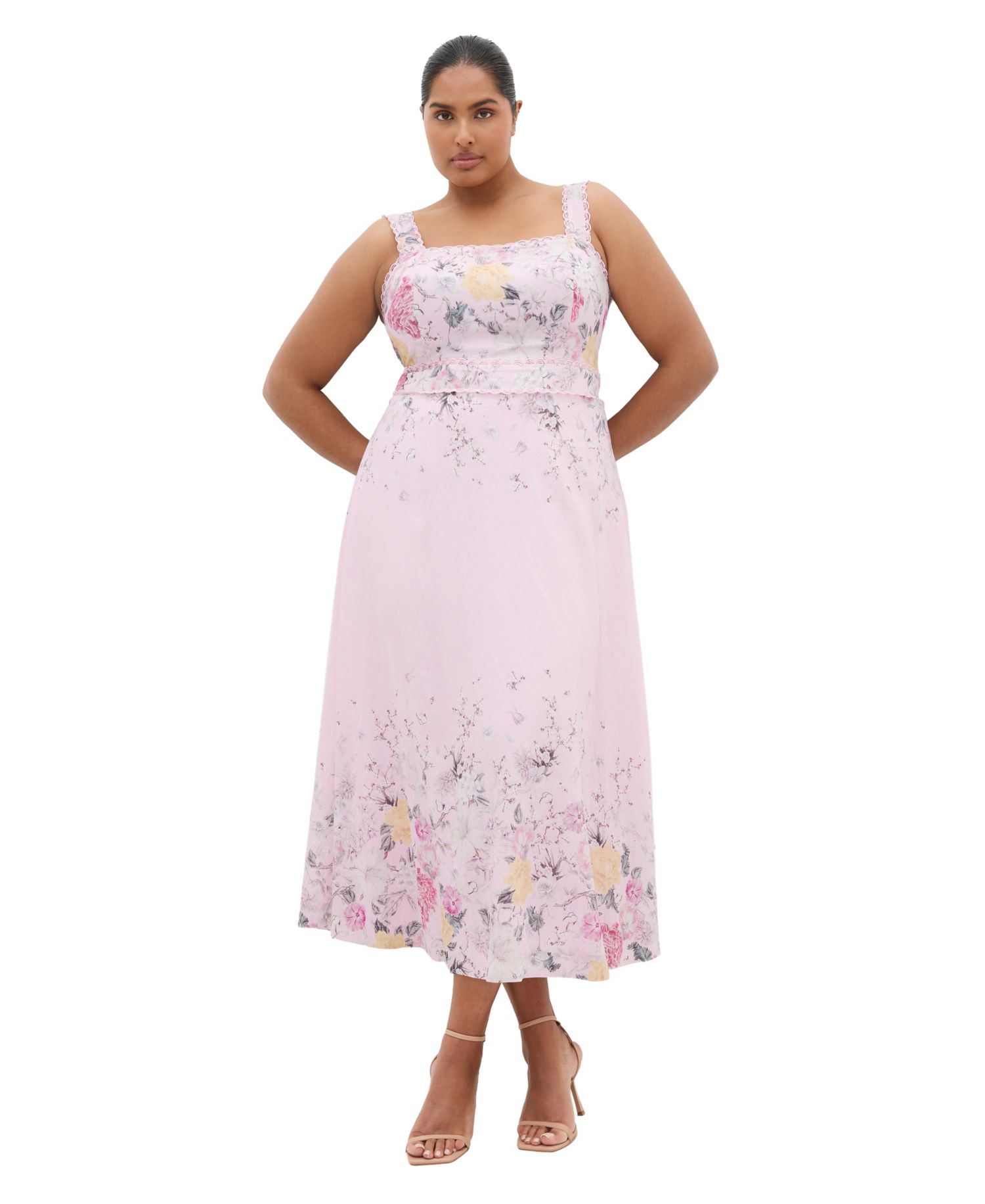 Plus Size Chelsea Floral-Print Scallop-Trim Square Neck Maxi Dress