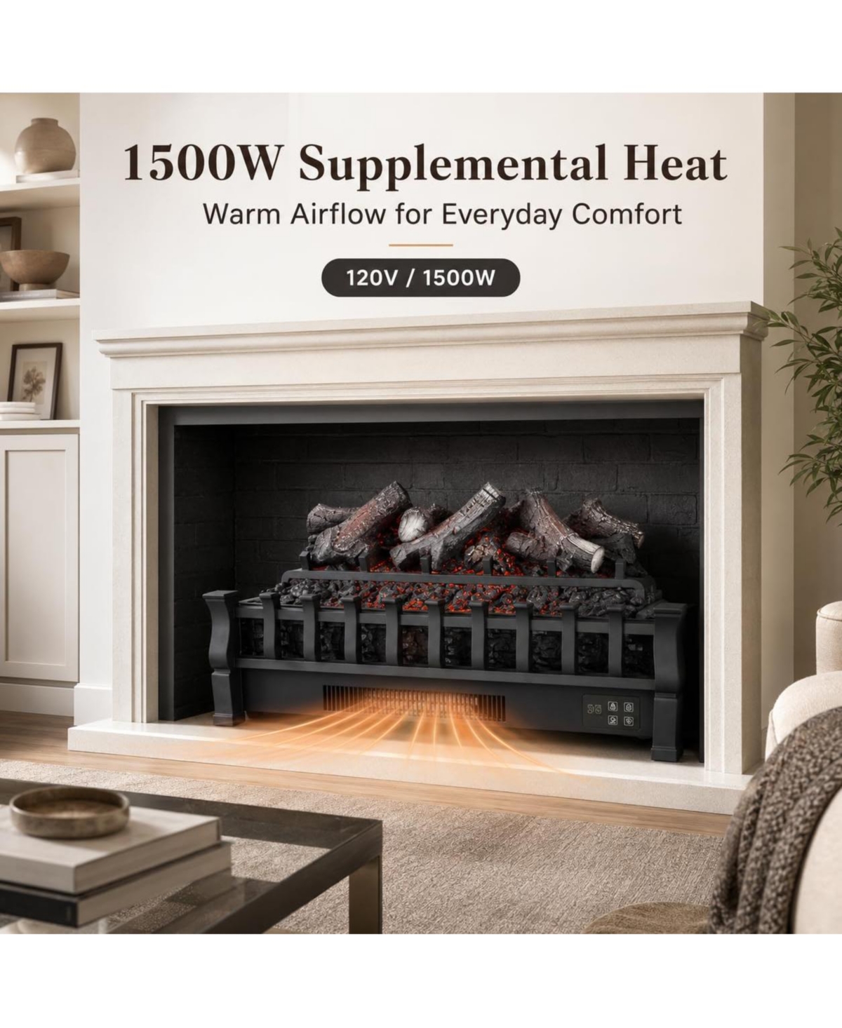 homfan 26 Inch Electric Fireplace Logs, 1500W Fireplace Heater With Log Style,Flame, 3 Brightness Levels, Remote Control, Cold Rolled Steel Abs, 120V